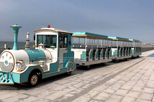 large trackless train ride designed for tourist business in seaside